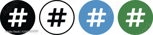 Hashtag symbol icon set, flat design vector illustration of hashtag signs for social media tagging trending topics and digital communication graphics.