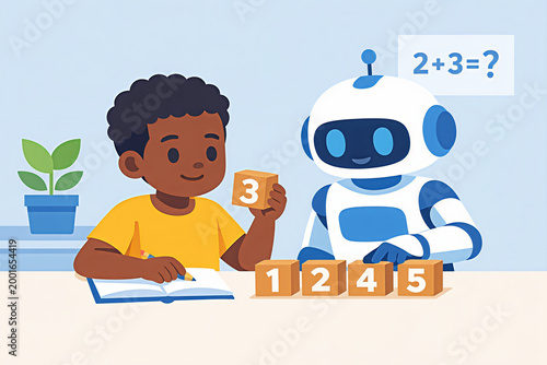 Child studying maths with a cute robot, BIPOC, black boy, AI in personalized education, future classroom, personal feedback, cartoon