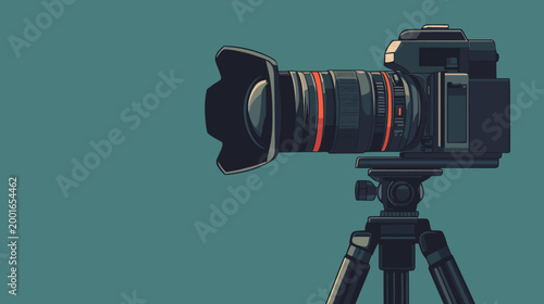 Pixelated illustration of a camera with a large lens on a tripod, angled toward the viewer