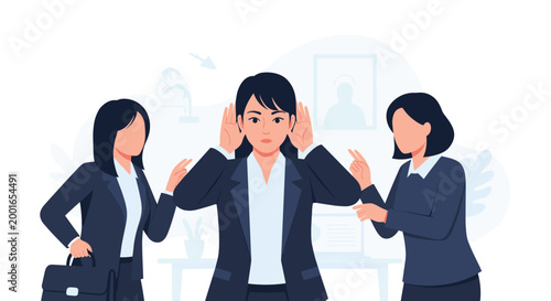 Office worker covering her ears while colleagues gossip and point fingers illustrates workplace harassment, rumors, and privacy concerns for HR.