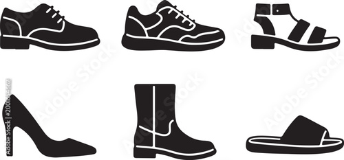Vector graphic illustration of various stylish footwear designs and types