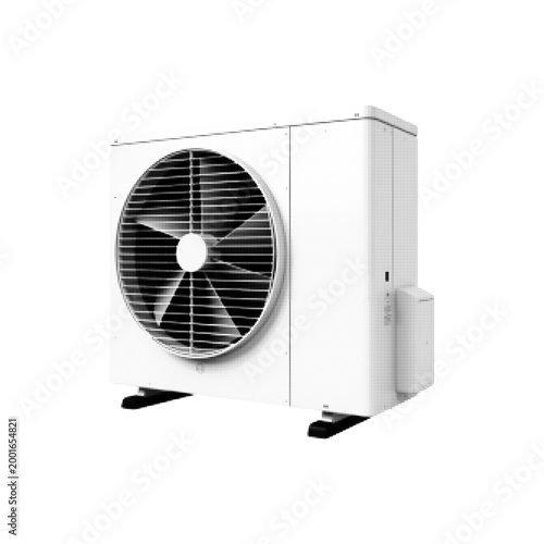 Halftone outdoor air conditioner unit vector illustration. Black and white dotted stipple icon of HVAC system, heat pump or condenser for cooling and heating design.