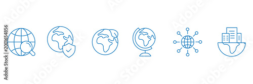 Globe world icon set with earth map outline, global network connection, search, protection shield and urban city building development concepts.