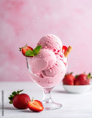 strawberry ice cream in glass cup with pastel background and large negative copy space, soft focus