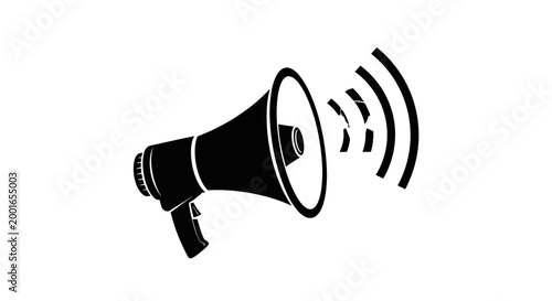 Megaphone icon, loudspeaker symbol, sound wave, announcement sign, black vector graphic May day, EPS