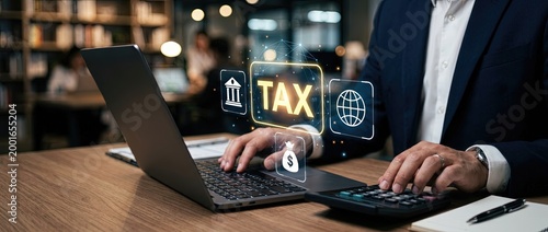 Tax filing process office environment digital content creation modern workspace close-up view financial responsibility and compliance