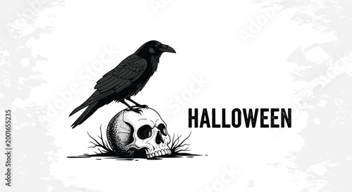 Edgy halloween illustration featuring a black raven perched atop a realistic human skull on a textured background.