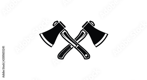 Simple black and white vector illustration showing two crossed wooden axes with sharp steel blades for woodcutting.