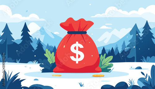 Red money bag with dollar sign on snowy mountain background for investment and wealth concept