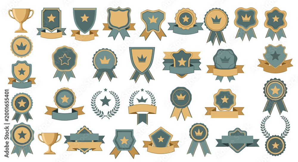 Fototapeta premium Extensive collection of diverse award badges, medals, and trophies in shades of gold and teal with various motifs.
