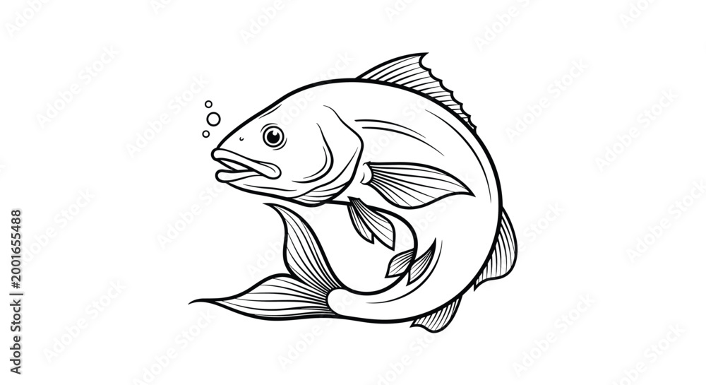 Fototapeta premium Detailed black and white line art drawing of a fish swimming with bubbles ideal for a nature themed coloring book.