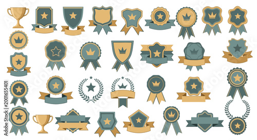 Extensive collection of diverse award badges, medals, and trophies in shades of gold and teal with various motifs.