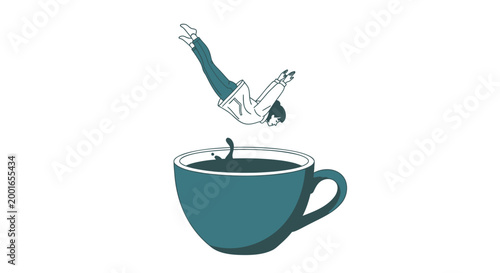 Diving businessman, falling into coffee cup, vector illustration, office humor, cartoon character