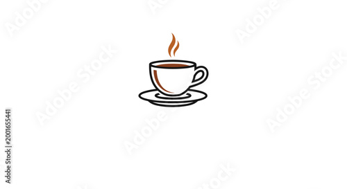 Simple and elegant illustration of a white ceramic cup of steaming hot coffee or tea on a matching round saucer.