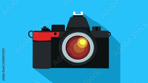 A simple, digital camera illustration with a long shadow against a bright, teal background