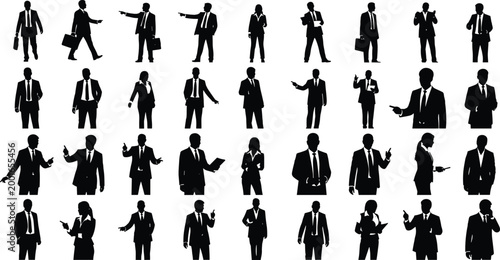 Professional business people silhouettes set, corporate men and women in suits, diverse office poses, pointing, walking, standing, isolated vector collection, formal.