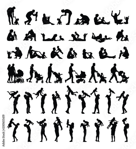 Adults parents spending time with their baby toddler and child black silhouette set collection flat vector graphic illustration.
