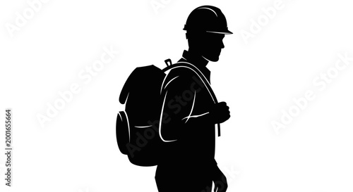 Black silhouette of a hiker, backpacker, or traveler, simple vector icon May day, EPS