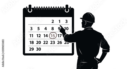Silhouette of worker marking calendar date, office schedule vector icon, business planning symbol, calendar event marker May day, EPS