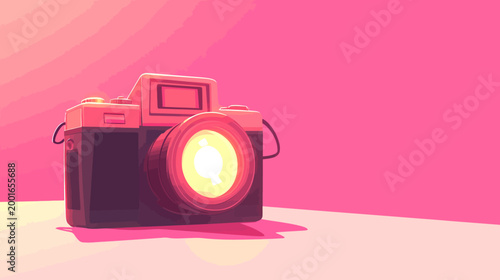 Pixelated illustration of a camera, lens glowing, on a pink surface with a pink background