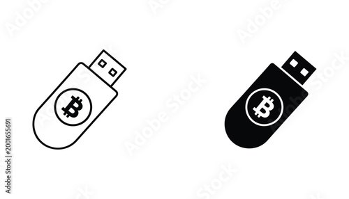 Bitcoin USB flash drive icon set in outline and solid style representing digital currency storage and crypto security