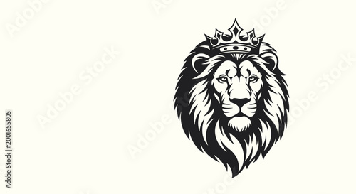 Royal lion head mascot wearing a detailed crown symbolizes leadership and power in a bold black and white graphic illustration for branding.