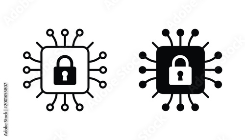Secure computer processor chip icon set with padlock symbol in outline and solid black styles for cybersecurity and tech branding