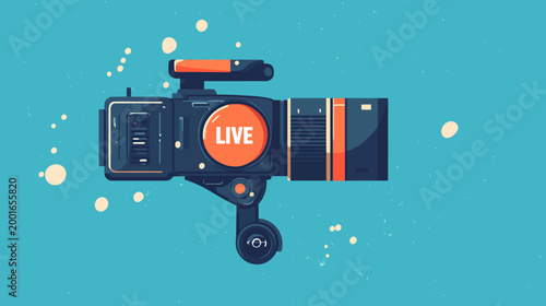 A stylized illustration of a professional video camera, the word "LIVE" featured on its lens