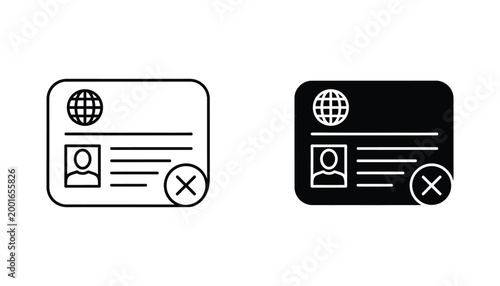 Identity document or personal ID card icon set with globe and profile portrait in outline and solid black graphic styles