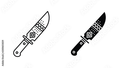 Traditional hunting knife with decorative etched patterns on blade in outline and solid black vector icon styles for outdoor gear