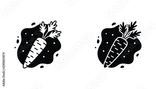 Fresh carrot vegetable icon set featuring outline and solid black silhouette styles for healthy food and agriculture design projects