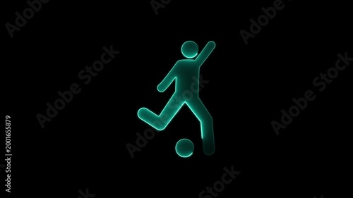 Neon green stick figure kicking soccer ball on black background sports football kicking ball