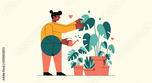 Plant, woman watering plants, gardening, potted plants, green thumb