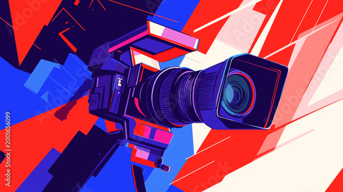 Stylized illustration of a video camera in a dynamic composition with red, blue, and white geometric shapes