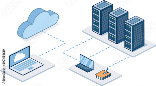 Isometric cloud computing network with servers and laptops connected to data center