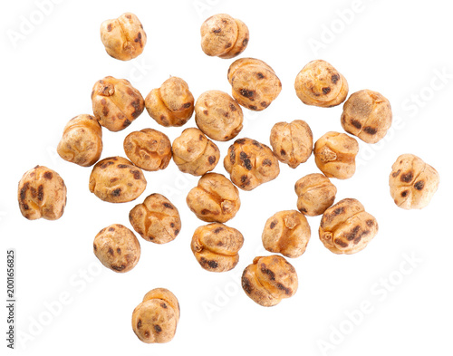 Roasted chickpea isolated on white background. Handful of crunchy roasted chickpeas snack. Clipping path. Top view.