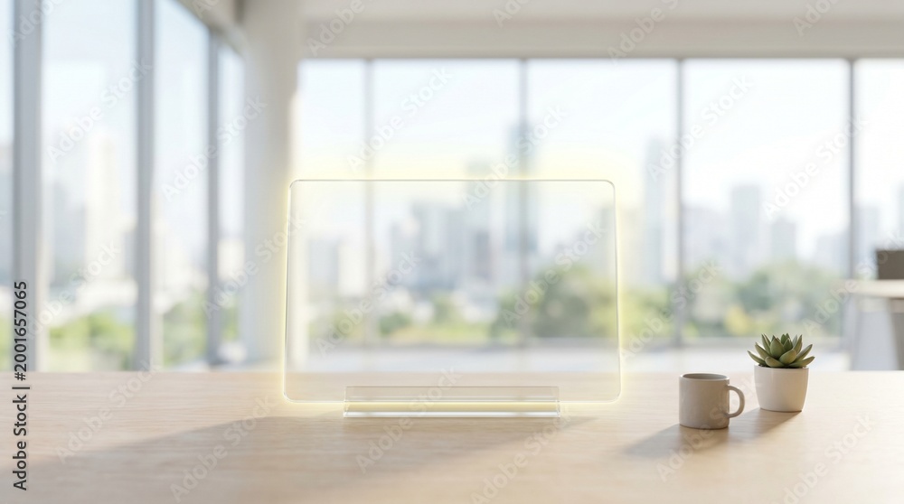 Fototapeta premium Modern minimal workspace mockup with blank transparent digital display tablet 