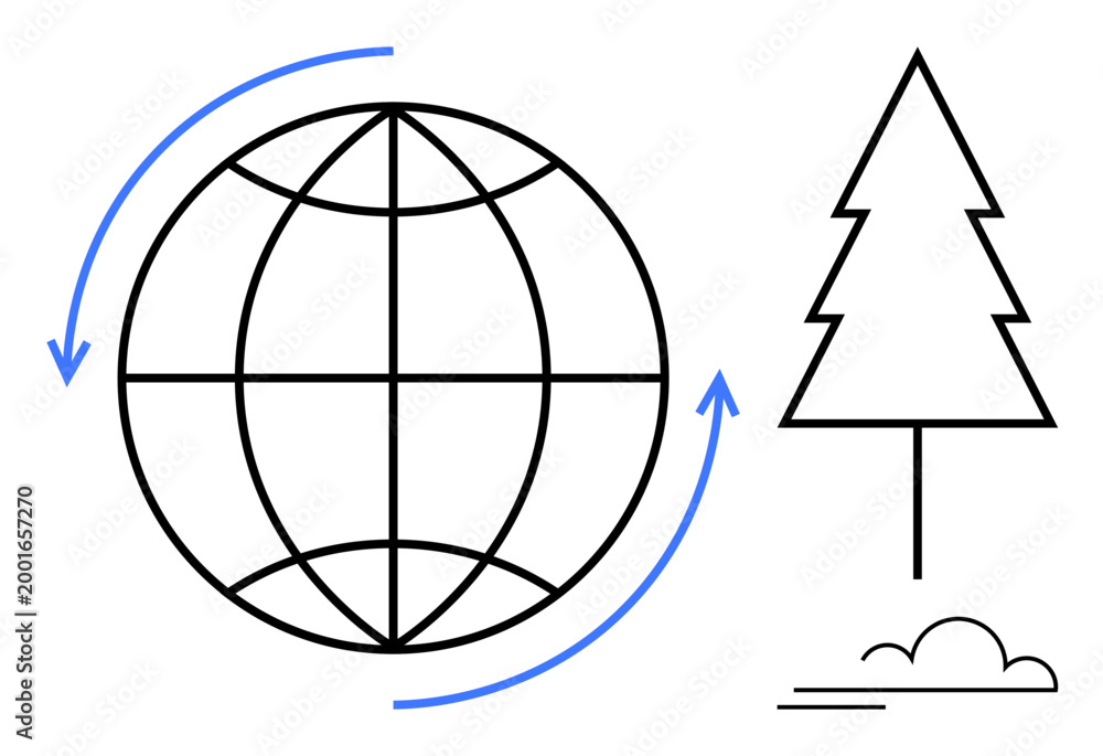 Obraz premium Sustainability, recycling, climate change, eco growth, global ecology, waste reduction. A globe with circular arrows next to a tree icon. Sustainability and recycling concept