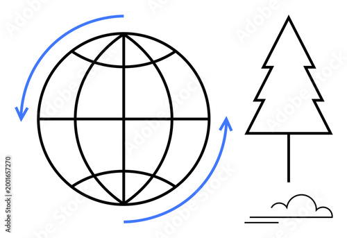 Sustainability, recycling, climate change, eco growth, global ecology, waste reduction. A globe with circular arrows next to a tree icon. Sustainability and recycling concept