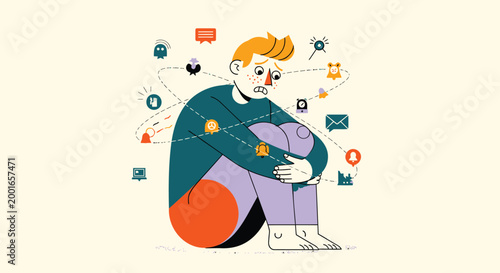 Overwhelmed man, stressed person, anxiety, mental health, vector illustration