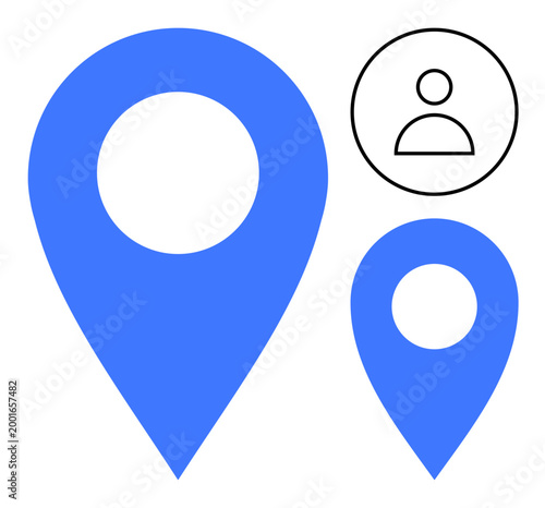 Navigation, geolocation, user identification, map services, tracking, digital location. Blue location pin and profile icon on a white background. Navigation and geolocation concept