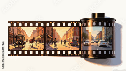 35mm Photographic Film Roll With Three Exposures Showing One City Street Evolving Across 1920s, 1950s, and Modern Day In Warm Golden Hour Sunlight