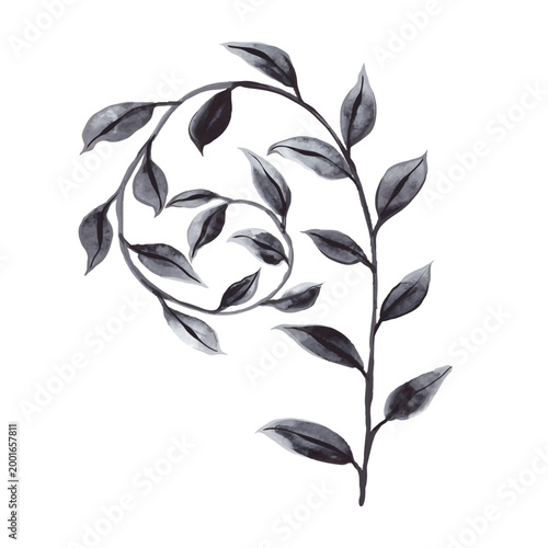 Hand Painted Abstract Watercolor Leaf. Monochrome Botanical Clipart Branch. Isolated black blue floral element on white background. Vector Illustration. Perfect for elegant design and wedding