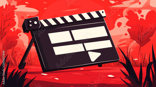 A film clapperboard is set against a vibrant, red landscape with stylized trees and grass