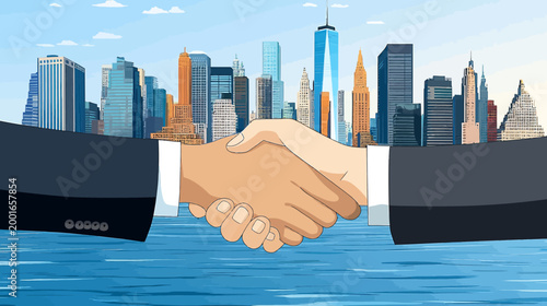 Pixelated artwork depicting a handshake between two figures in front of a city skyline