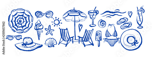 Hand drawn blue crayon tropical set. Dolce vita summer vibe. Vintage Italy Mediterranean coastal vacation poster. Vector sketch isolated illustration