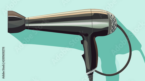 A vector illustration of a hair dryer with highlights and shadow, on an aquamarine background