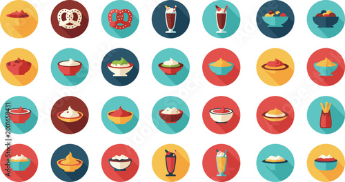 Set of colorful flat design food and dessert round icons with long shadow including pretzel milkshake bowls isolated on white background vector illustration