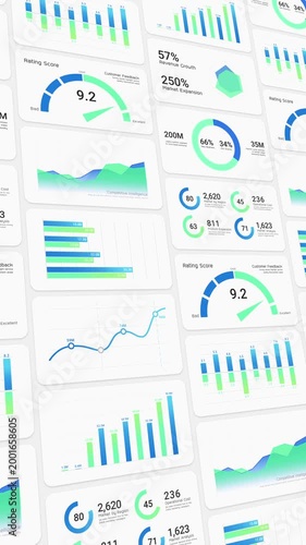 Business intelligence and financial performance analysis report on white background, animated infographic bar chart, investment data analytic graph dashboard, success corporate market statistics trend