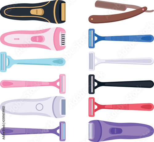 Comprehensive collection of personal grooming tools featuring electric shavers, epilators, disposable razors, and a classic straight razor isolated on a clean white background.